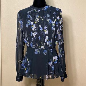 Reiss Women’s Blouse, size S, blue floral, open back, lined, long sheer sleeves